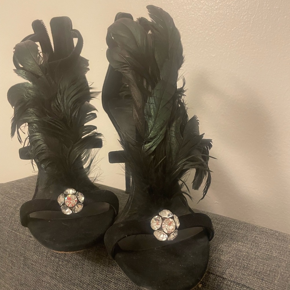 Giuseppe Zanotti Black Feathered Heels with Crystal Accent